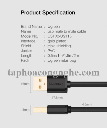 Ugreen 30136 3M màu Đen Cáp 2 đầu USB 2.0 vỏ nhựa PVC US102 30030136